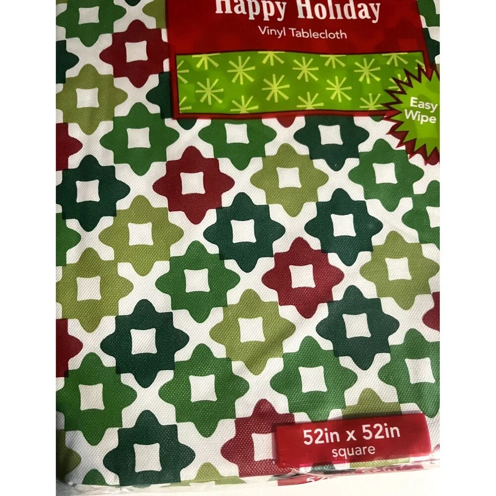 Christmas Red Green White Vinyl Tablecloth Flannel Backed Holiday Square 52x52